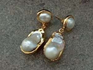 Handmade White Keshi Pearl Gold color Plated Stud Earrings.