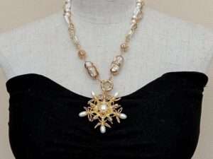 Handmade Freshwater Pearl White Biwa Pearl Chain Necklace.