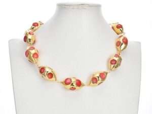 Vintage Orange Red Coral Chokers Necklace Bracelet Pearl Earrings Set.