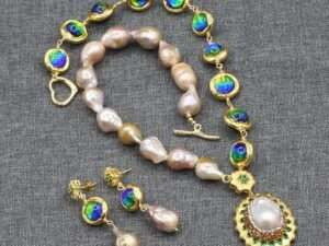 Vintage Blue Murano Glass Freshwater Pearl Keshi Pearl Necklace, Earrings Jewelry Set.