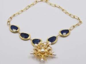 Handmade Blue Lapis Gems Gold color Plated Edge Chain Necklace.