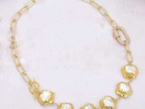 Natural White Keshi Flower Pearl Gold Plated Chain Necklace.