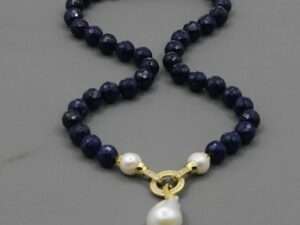 Handmade Blue Round Faceted Agates White Pearl Necklace.