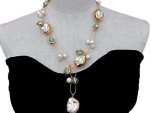 Natural Mother Of Pearl Shell Pearl Blue Murano Glass Gold Plated Necklace.