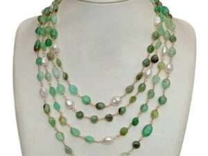 4 strands Natural Green Chrysoprases White Baroque Pearl choker Necklace.