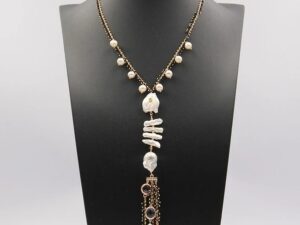 Vintage Freshwater White Keshi Pearl Biwa Pearl Black Crystal Necklace.