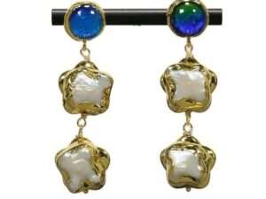 White Keshi Pearl Blue Murano Glass Earrings.
