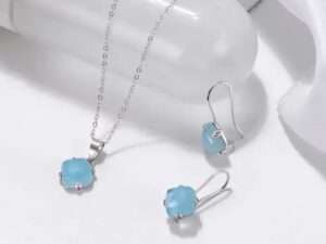 Silver Genuine Aquamarine Pearl Necklace and Earrings Jewelry Set.