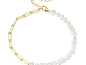 Silver paper clip pearl link chain bracelet.