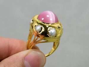 Natural White Pearl Pink Cat Eye Gems Adjustable Ring.