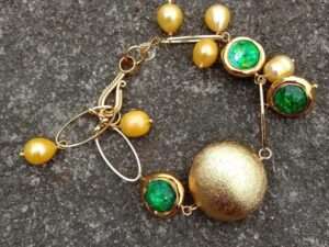 Handmade Golden Rice Pearl Green Murano Glass Bracelet.