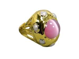Natural White Pearl Pink Cat Eye Gems Adjustable Ring.