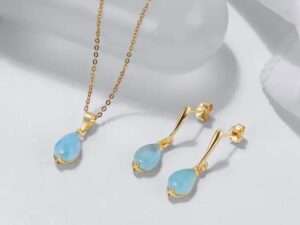 Silver Natural Aquamarine Waterdrop Necklace, Earrings jewelry set.