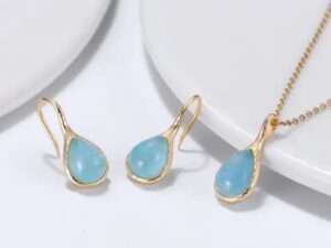 Silver Genuine Natural Aquamarine Pearl Necklace, Earrings Jewelry Set.
