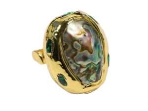 Vintage Multi Color Abalone Shell Green Crystal Rough Ring.