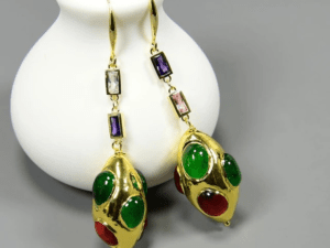 Handmade Green, Red Olivary Shape Chain Dangle Earrings.