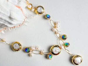 Freshwater white Keshi pearl blue Murano glass jewelry set.