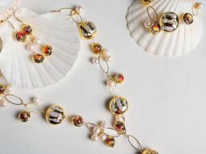 Freshwater white Keshi pearl brown Murano glass jewelry set.