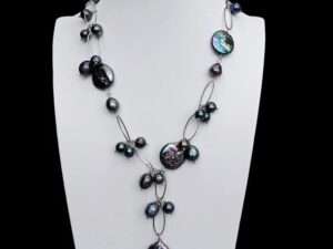 Freshwater Black & White Keshi Pearl, Rice Pearl Chain Necklace.