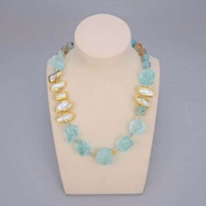 Freshwater Pearl Blue Glass Quartz Vintage Necklace for Women.