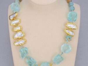 Freshwater Pearl Blue Glass Quartz Vintage Necklace for Women.