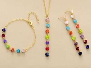 Natural Stones 7 Chakra Heart Pendant Necklace, Earrings, Bracelet Jewelry Set.