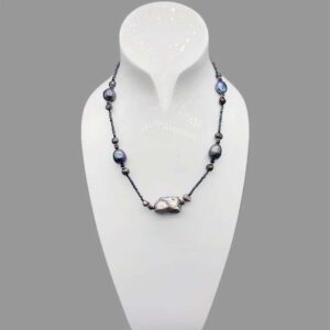 Natural Freshwater Black Baroque Pearl Crystals Necklace.