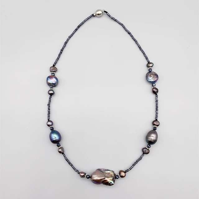 Natural Freshwater Black Baroque Pearl Crystals Necklace.